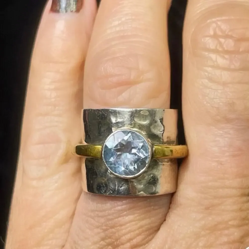 EUC -  Blue Topaz Hammered Sterling Silver & Brass Cigar Band Ring